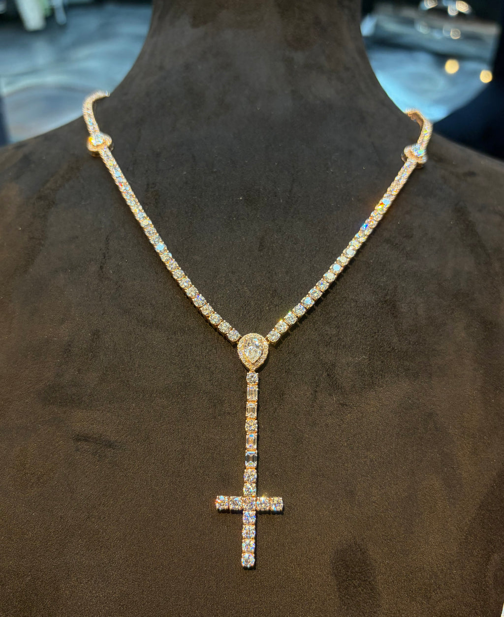 Tennis Pear/Cross Necklace