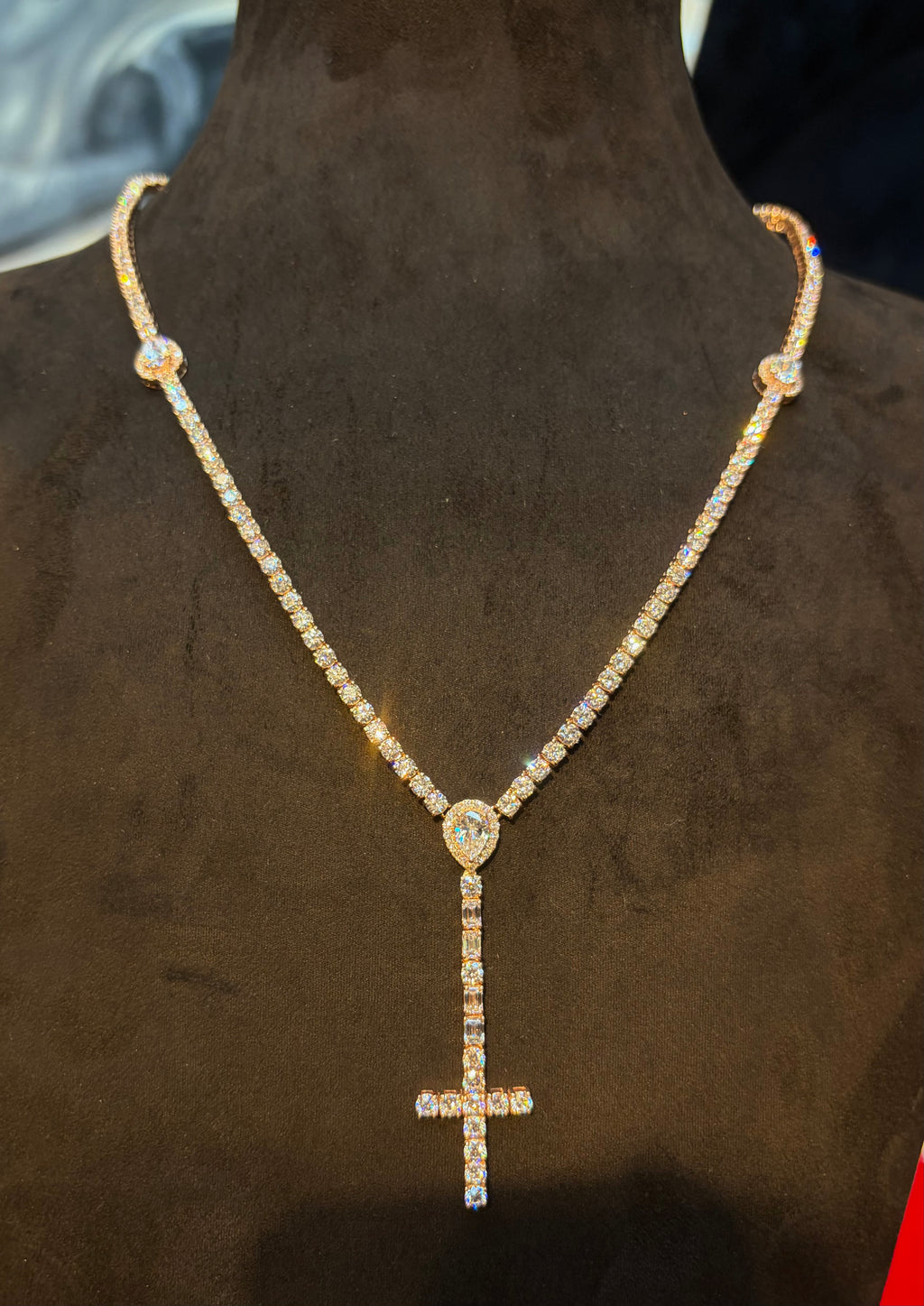 Tennis Pear/Cross Necklace